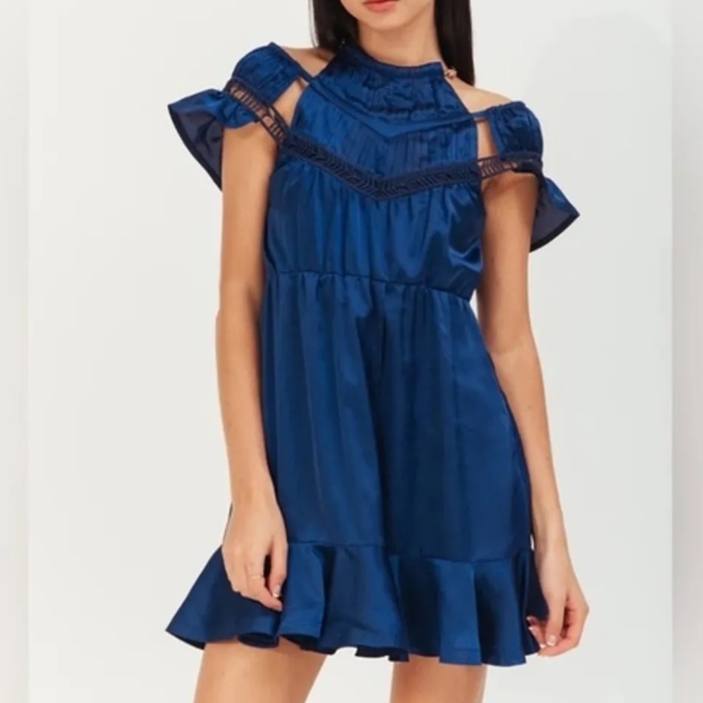 Self-Portrait Arrow Lace Trim Satin Mini Dress in Midnight Blue, Size 8